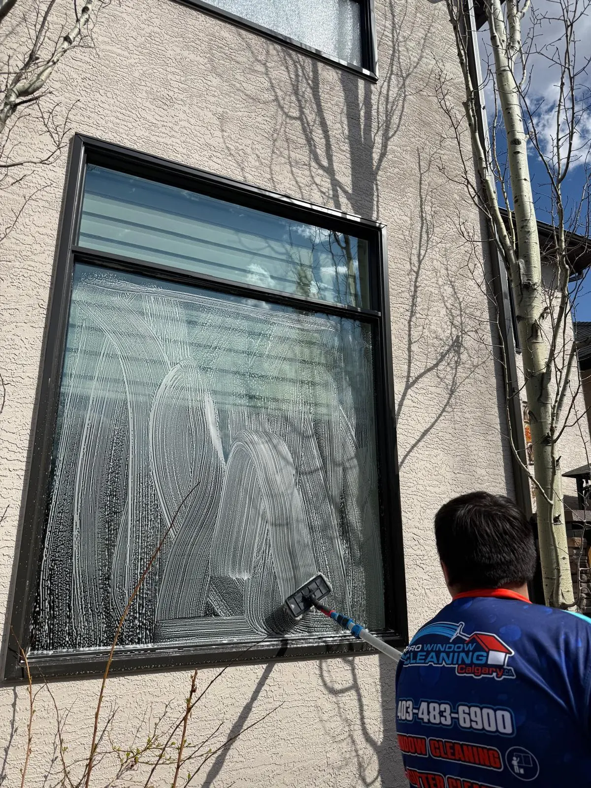 Pro Window Cleaning Calgary technician scrubbing a soapy exterior window with an extension pole on a Calgary home